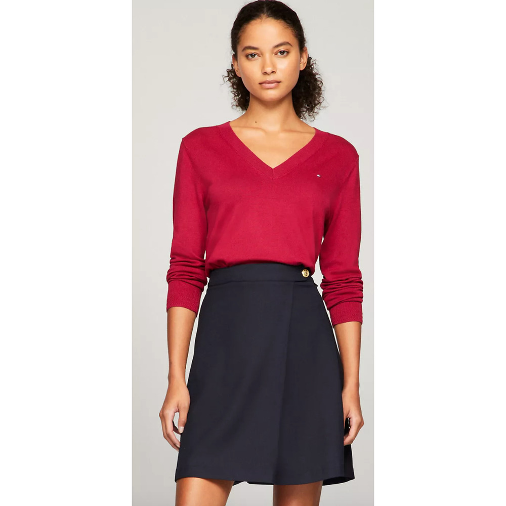 Tommy Hilfiger Womens Sweater Small Red Logo Pullover V-Neck Long Sleeve